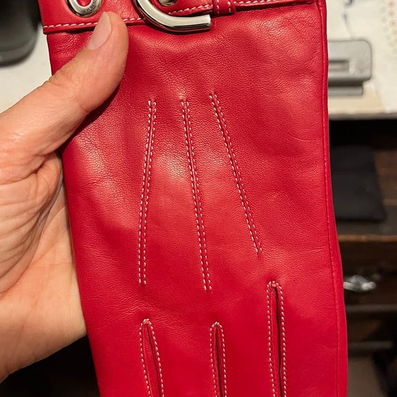Coach Women's Red Leather Gloves with Buckle - Picture 7 of 7